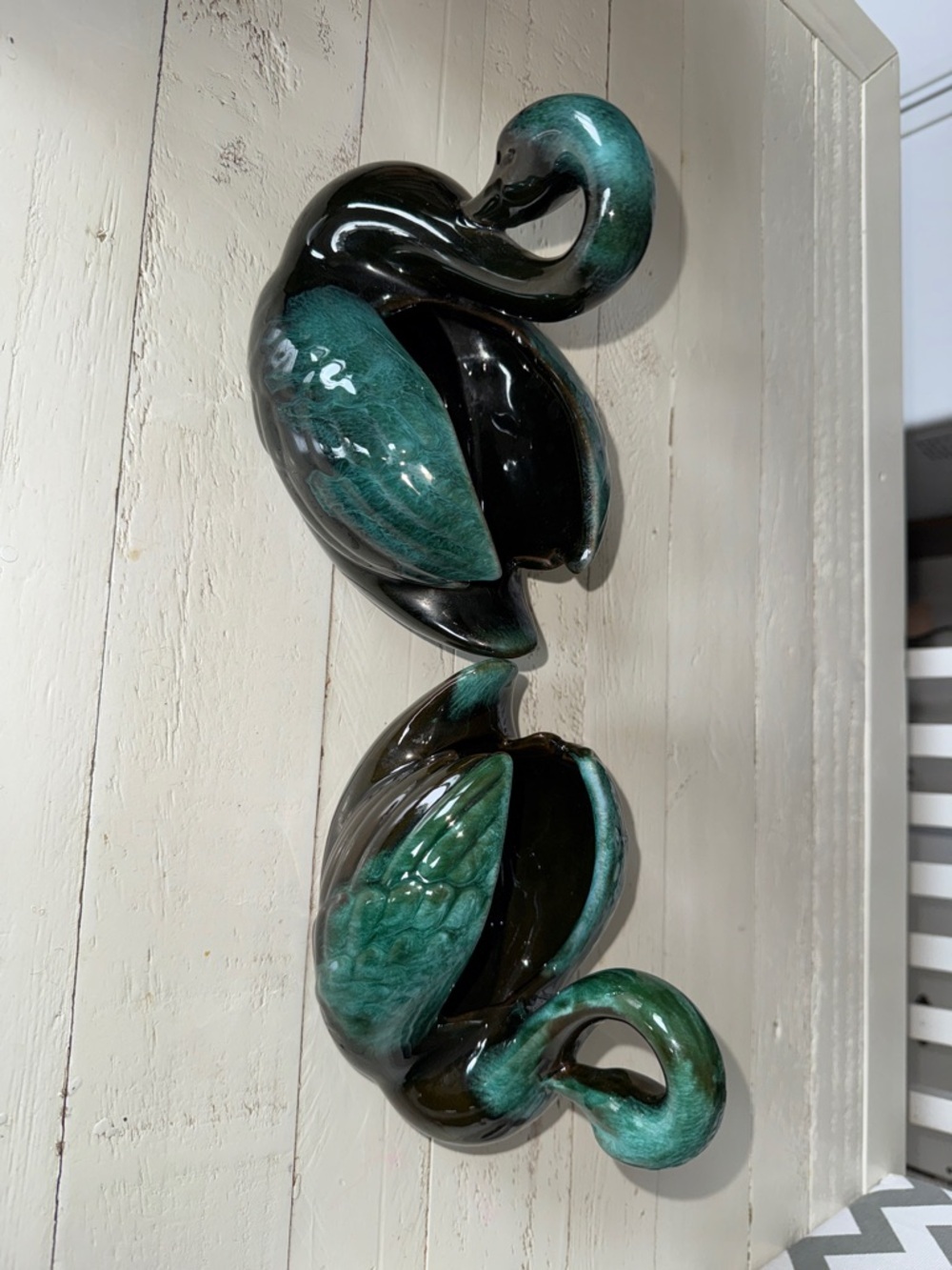 Blue Mountain Pottery, Pair of Swan, BMP Black/Green Drip Glaze, MCM made in CA - Picture 5 of 9